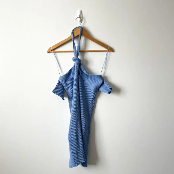 Zara Ribbed Knit Knot Halter Neck Mini Dress  Sky Blue NWOT Size Medium - Picture 5 of 7